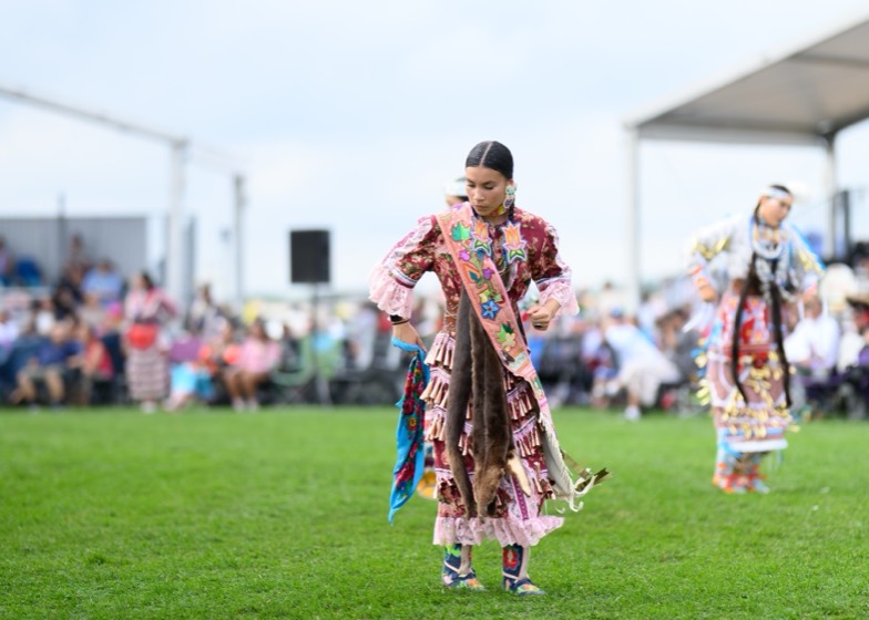 Valerie Leith mid-dance at a powwow
