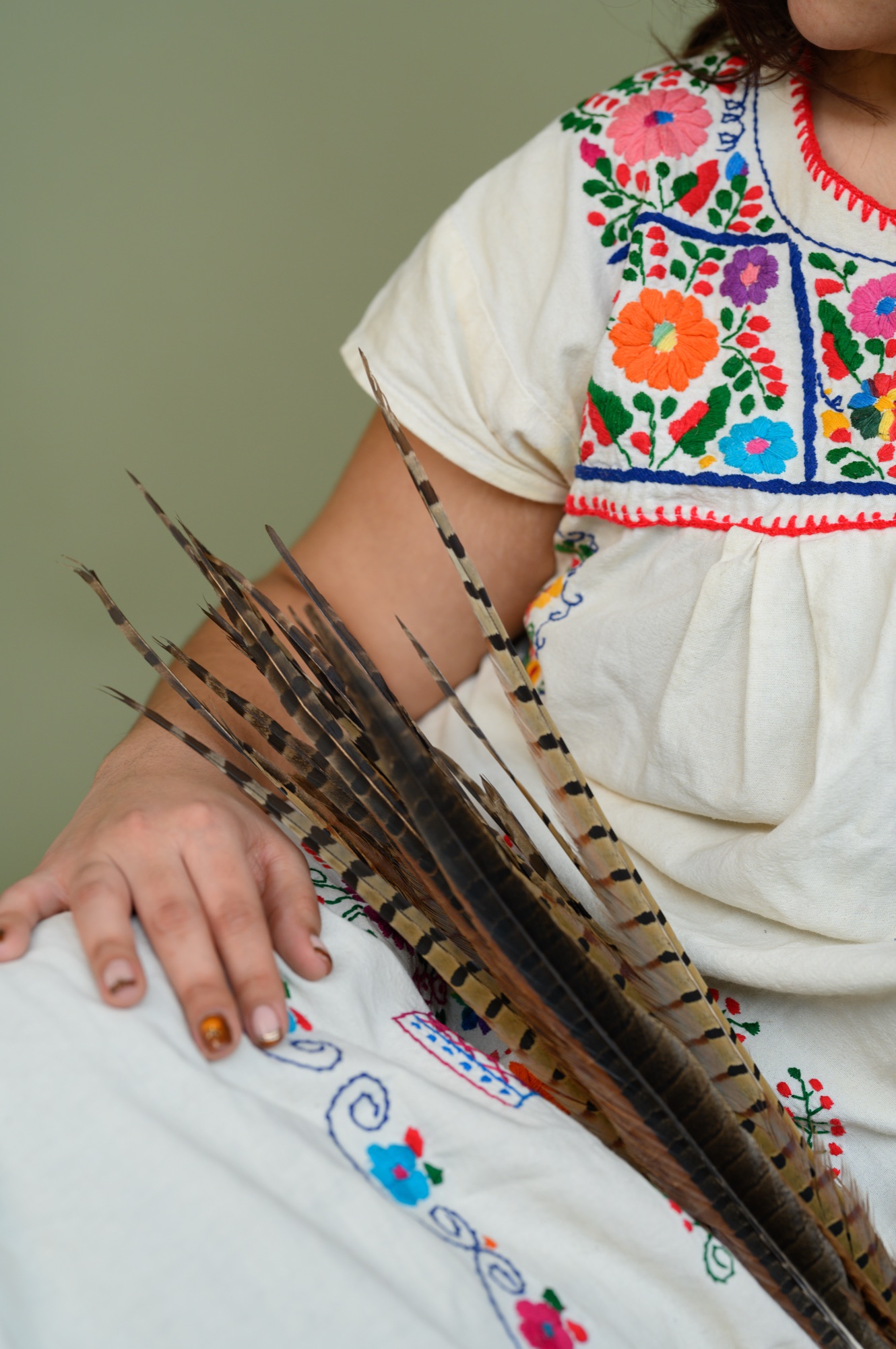 Frida Alvarez's hand resting on her huipilli, pheasant feathers alongside
