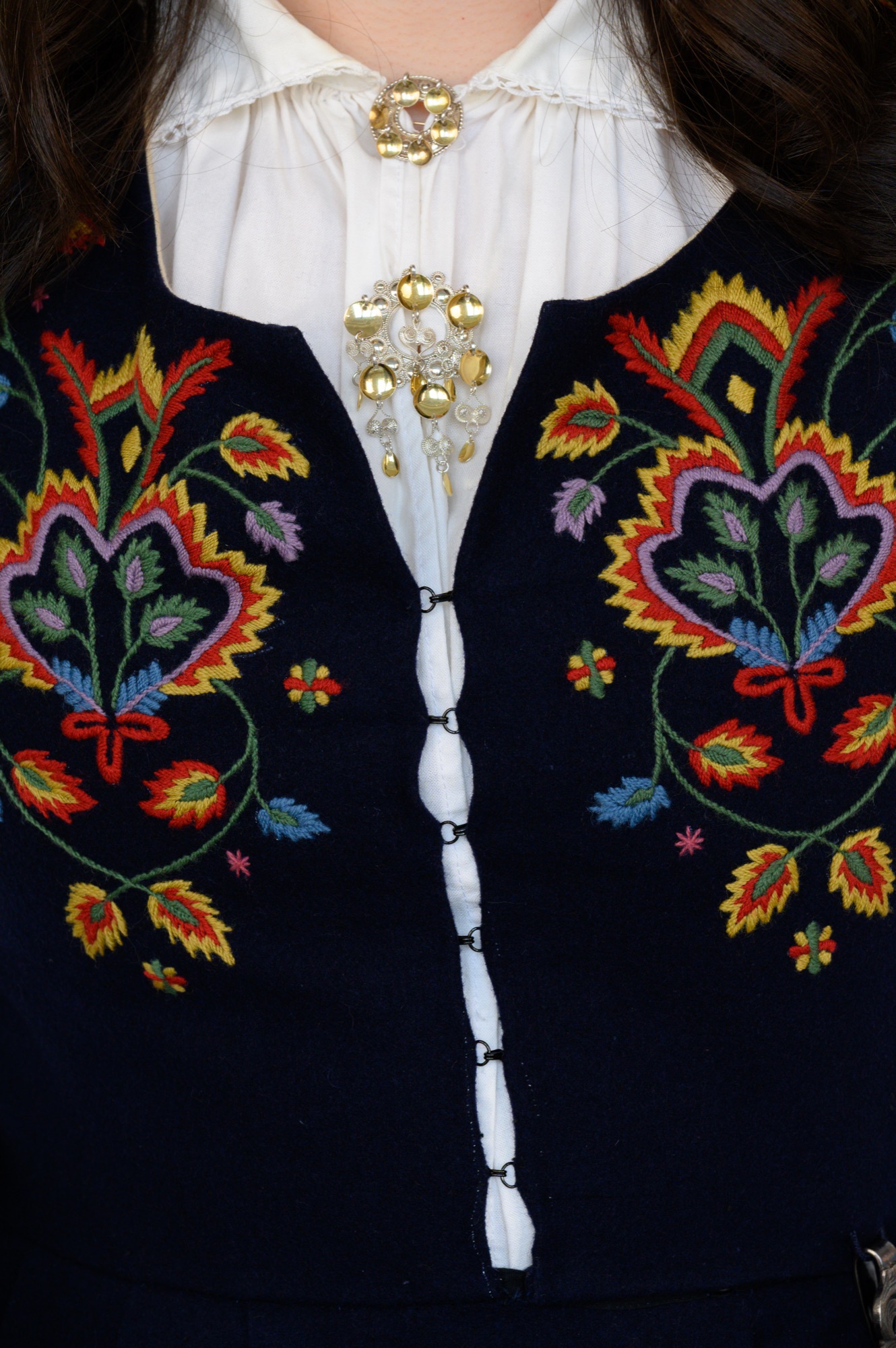 Detail of floral embroidery on Miranda Moen's Valdresbunad bodice