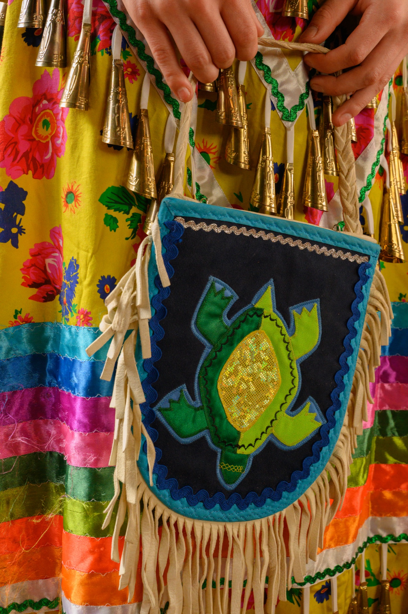 Detail of the turtle beadwork pouch on Valerie Leith's regalia